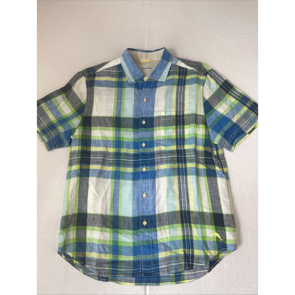 Tommy Bahama Shirt Medium Blue Plaid Linen Beach Button Up Short Sleeve Mens